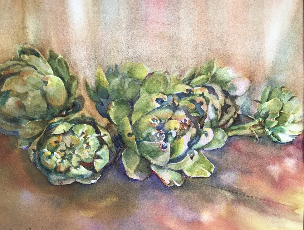 Watercolor painting of several ripe green artichokes on a pale orange background. Painting by Karen Bacica.